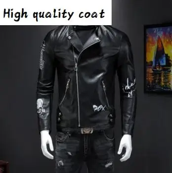 

and Autumn Winter New Jackets Men Fashion Lapel Locomotive Leather Jacket Korean Printing Pu Leather Hip Hop Personality Coats