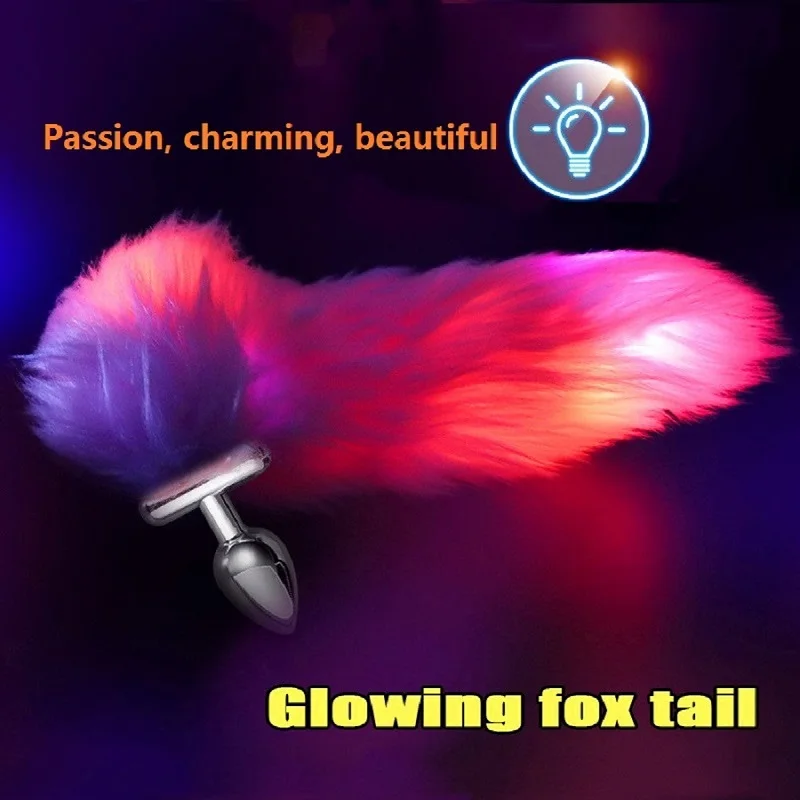 

Luminous light fox tail Metal silicone anal beads butt plug erotic gay BDSM cosplay party game insert Anus Sex toy for couple