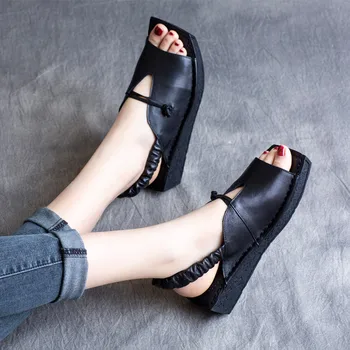 

Women Leather Sandals Low Heels Wedge Summer Shoes for Women Black Casual Soft Sandals Genuine Leather Women Shoes Handmade2020