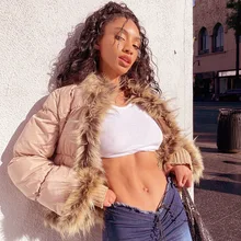 Streetwear Fashion Women Faux Fur Patchwork Down Jacket Quilted Coats Outerwear Parkas 2022 Female Pink Y2K Cotton Padded Warm