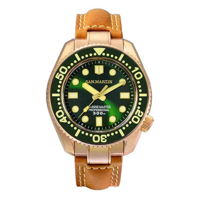 San Martin Diver Watch CuSn8 Bronze MM300 PT5000 Automatic Men Mechanical Watches Leather 300m Water Resistant Luminous Relojes Green PT No Date