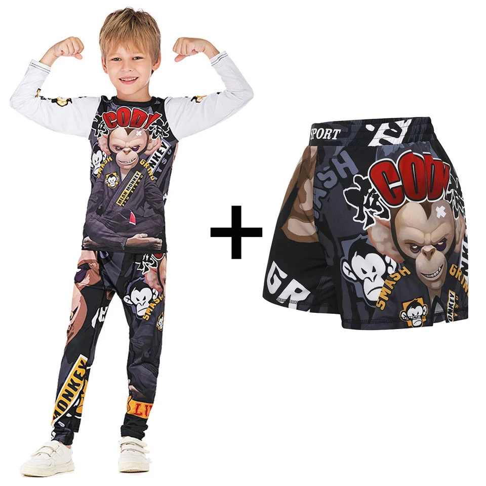 Sports Apparel BJJ GI Kids MMA Rashguard T-shirt + Pants Set Jiu Jusit Tights Muay Thai Shorts Rash Guard For Children MMA Compression Sportsuit