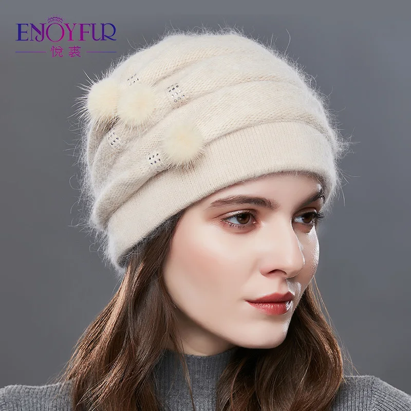 ENJOYFUR Women Winter Cashmere Knitted Hats Natural Mink Pompom Stripe Girl Bonnet Fashion Warm Female Outdoor New Brand Beanies 2