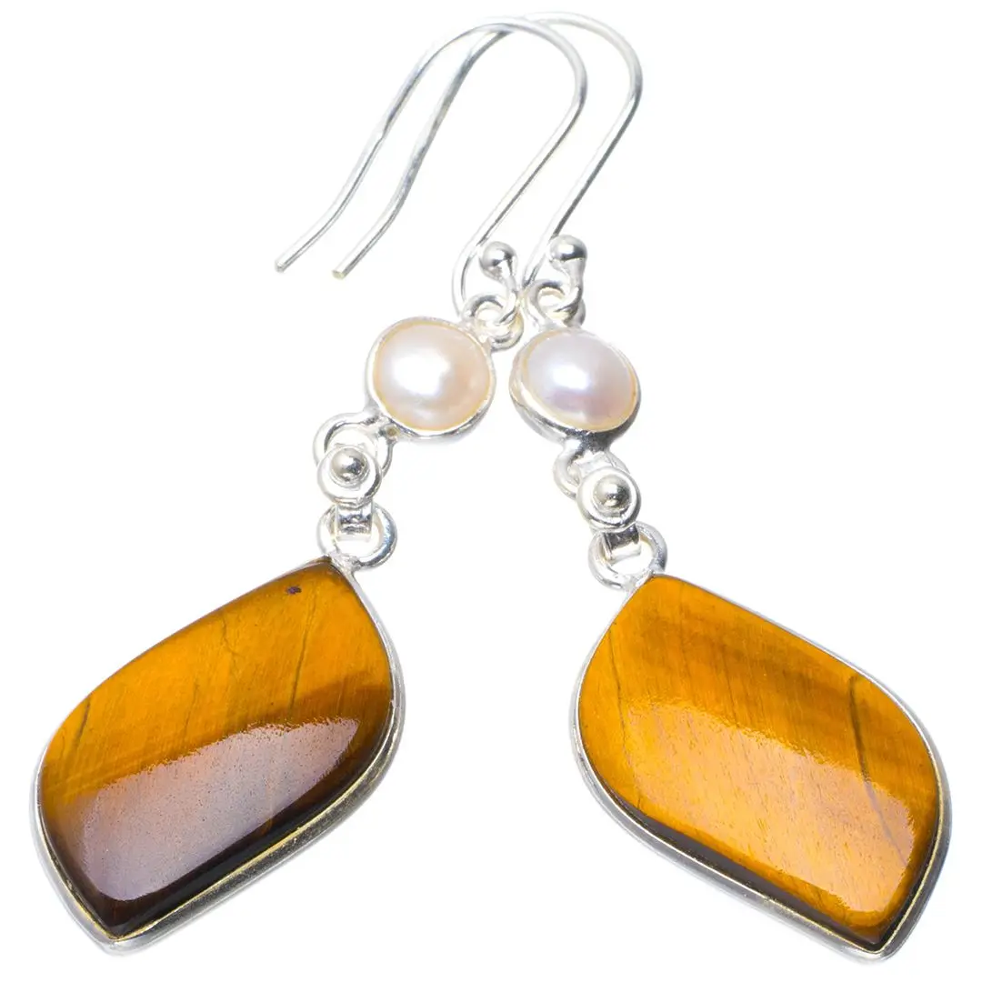 Natural Tiger Eye and River Pearl Handmade Unique 925 Sterling Silver Earrings 2.25" B2352