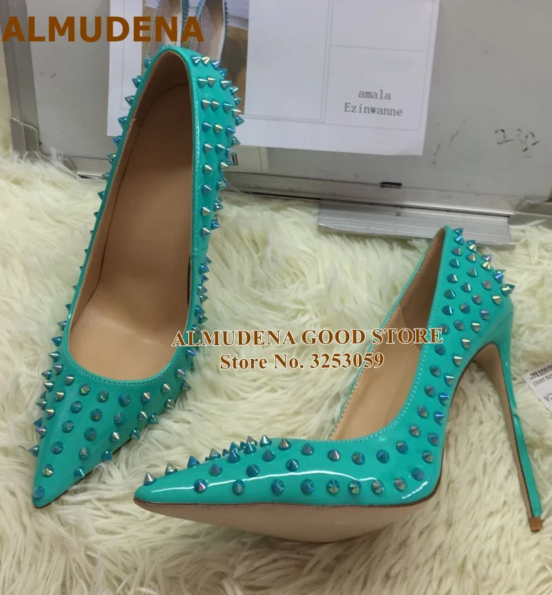 1910S1171 孔雀蓝漆皮全柳钉 12cm 名流