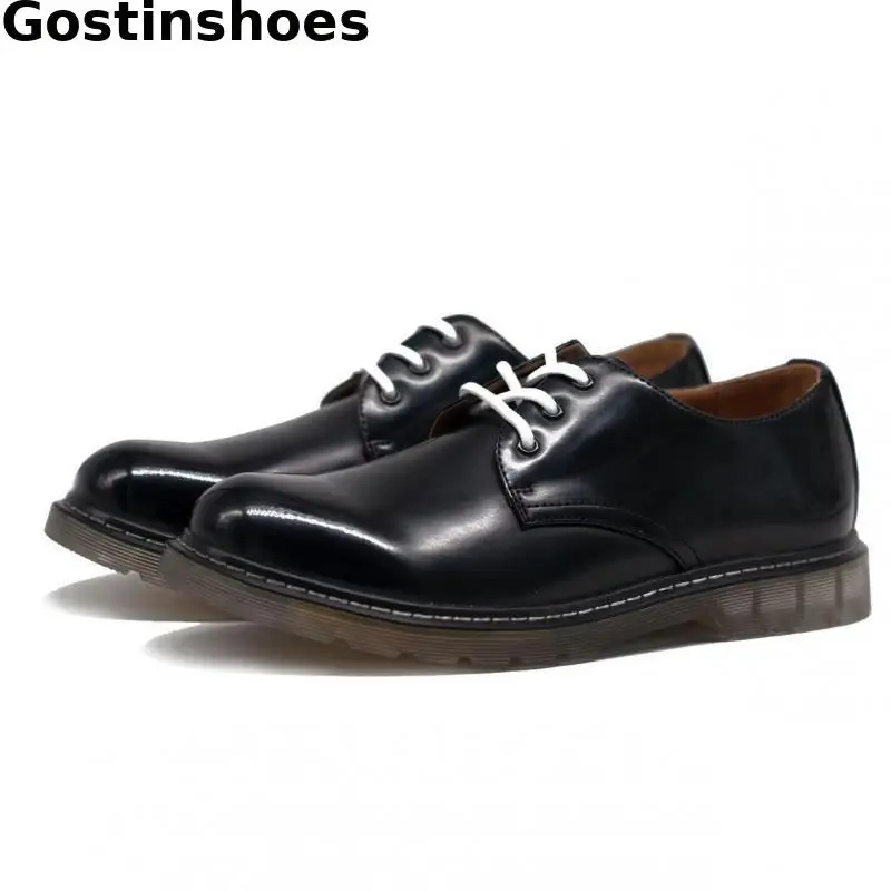 

Men Shoes Black Genuine Leather Height Increased Thick Rubber Sole Lace Up Derby Shoes Pointed