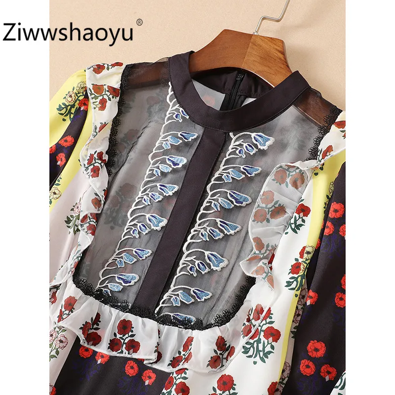 Ziwwshaoyu/элегантное платье с цветочным принтом, женское сексуальное кружевное платье с вышивкой и длинным рукавом, Осенние вечерние платья