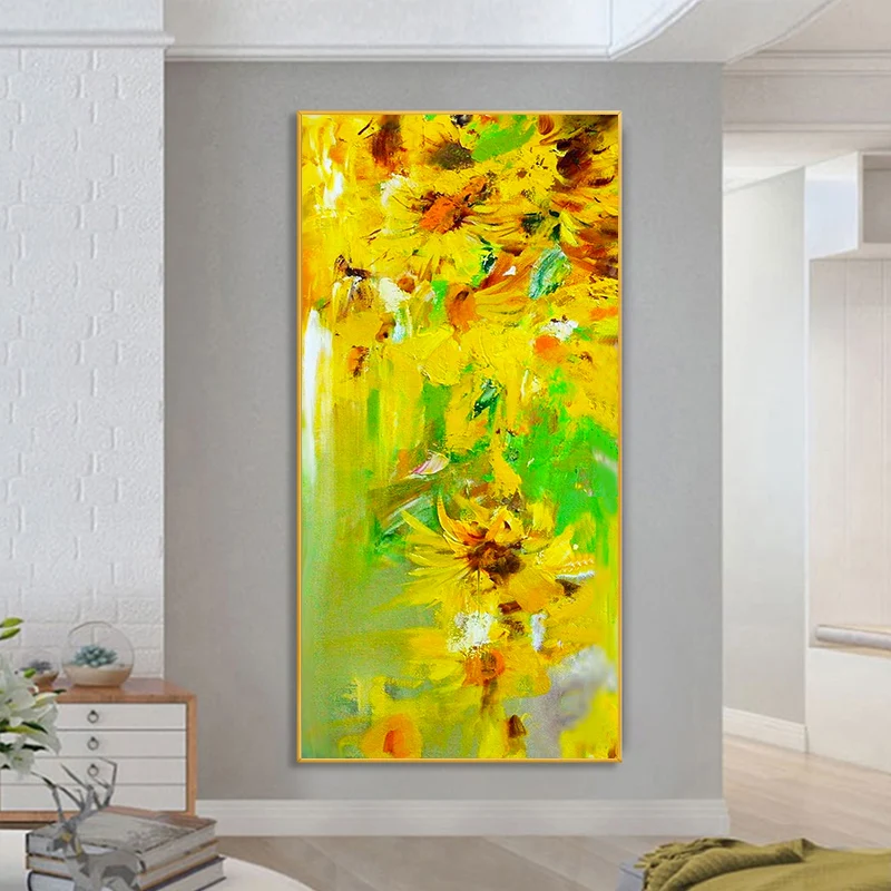 

July Art Modern Vertical Version Flower Hand-painted Decorative Painting Yellow Sunflower Oil Canvas Living Room Home Decoration