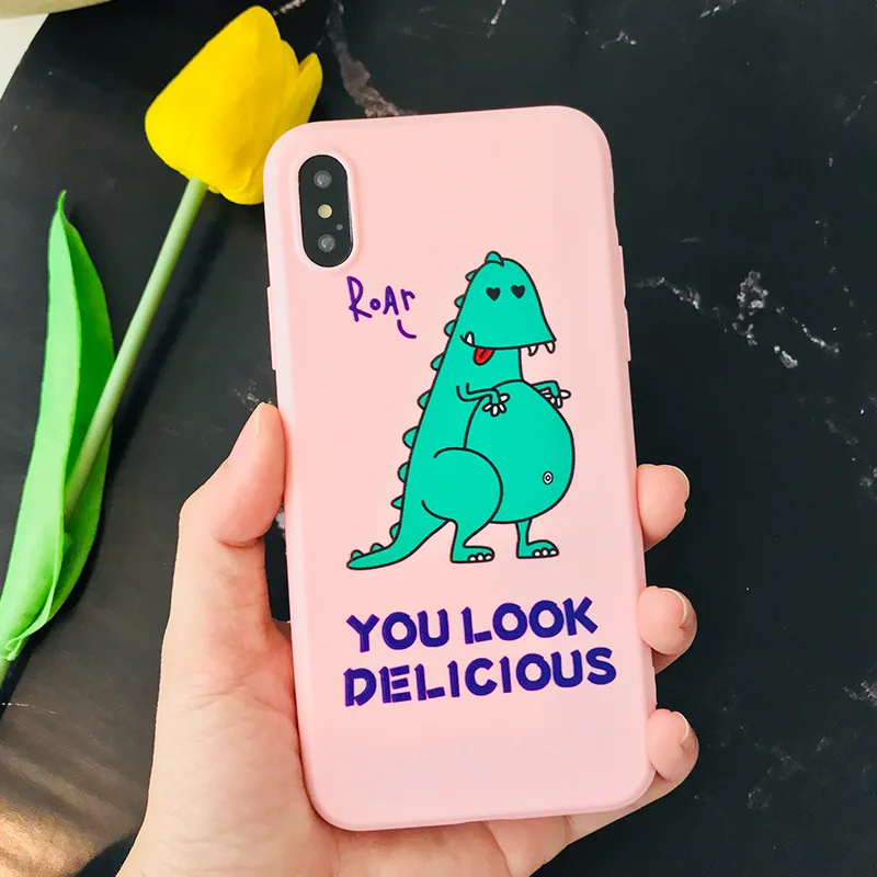 

Pink Simple beauty girls cartoon dinosaur phone case For coque iphone 7 puls 8 plus case silicon shell for iphone cover X XR XS