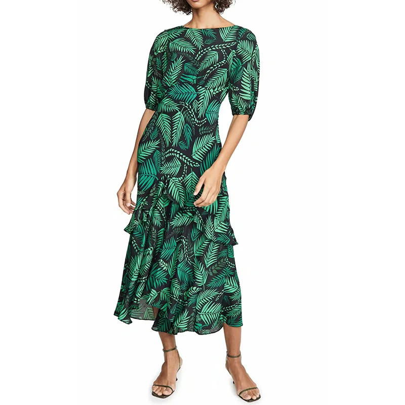 2020 Women Midi Dress Boho Style Floral Print Beach Dresses O Neck Sexy Backless Party Ruffles Half Sleeve Sundress Robe | Женская