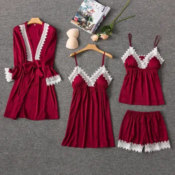 

4PCS Lace Pajamas Set Women Sleep Nightwear V-Neck Sleepwear Sexy Nightie Bathrobe Wear Home Suit Negligee Spring Robe Gown