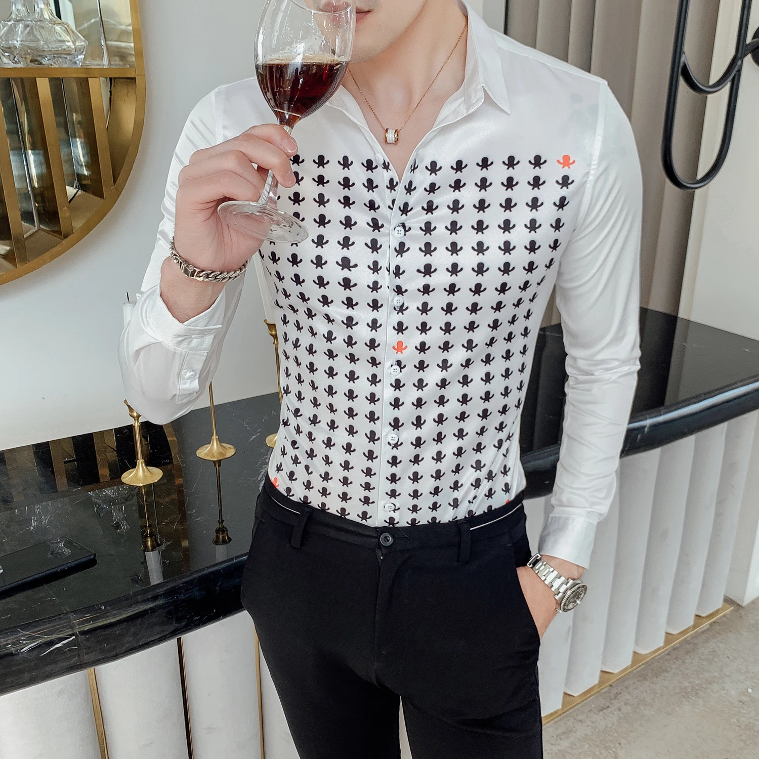 Goede Camisa Masculina Herfst Mannen Shirt Persoonlijkheid Print Lange Mouwen Shirts Voor Mannen Luxe Night Club Smoking Jurk Camisa Hombre