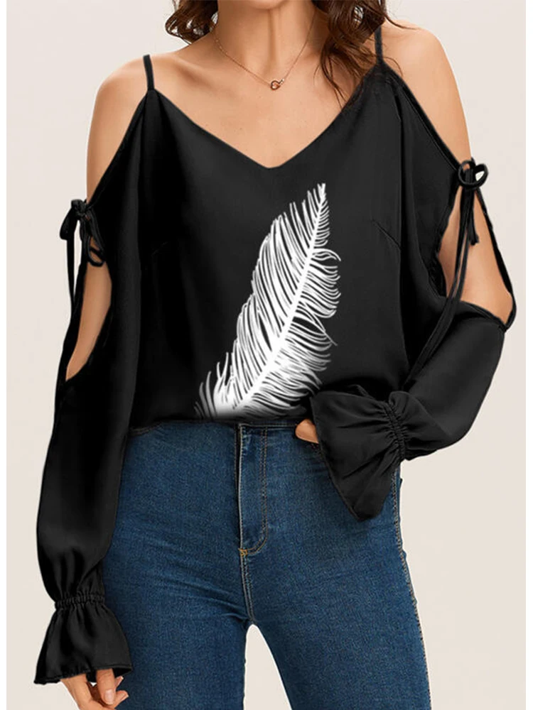 

Women Off Shoulder Feather Print Sexy V Neck Blouse Autumn Hollow Out Lace Up Long Petal Sleeve Chiffon Loose Casual Blouses