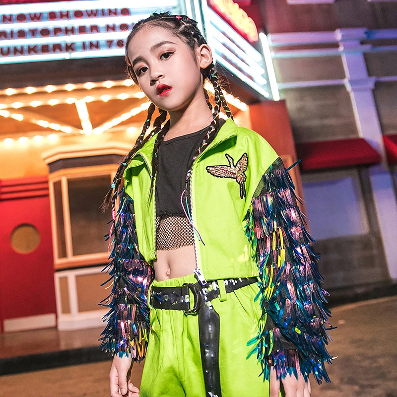 New Children Jazz Dance Costumes Girls Hip Hop Clothing Loose Fluorescent Tide Suit Street Dance Stage Show Outfits DQS288