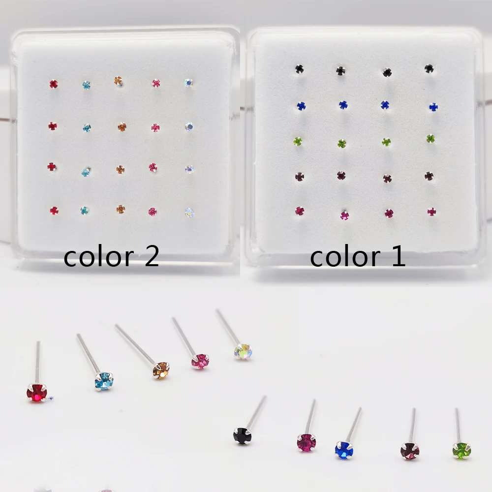 Nose Piercings 20pcs/pack 925 sterling silver Nose piercing 2 mm multicolor Nose Studs Straight Pin nostril jewelry