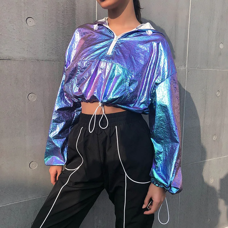 

2019 Laser Candy Gradient Color Hoodie Women's Hip Hop Rock Dance Drawstring Streetwear Style Tops Female Short Hoodies Women-80