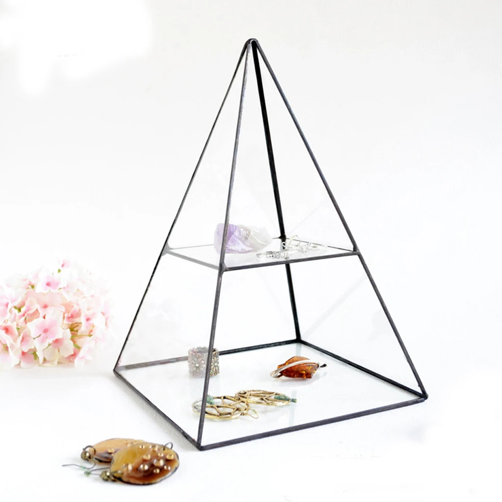 2 Tiers Vintage Style Brass Clear Glass Pyramid Mirrored Shadow Box Jewelry Display Case