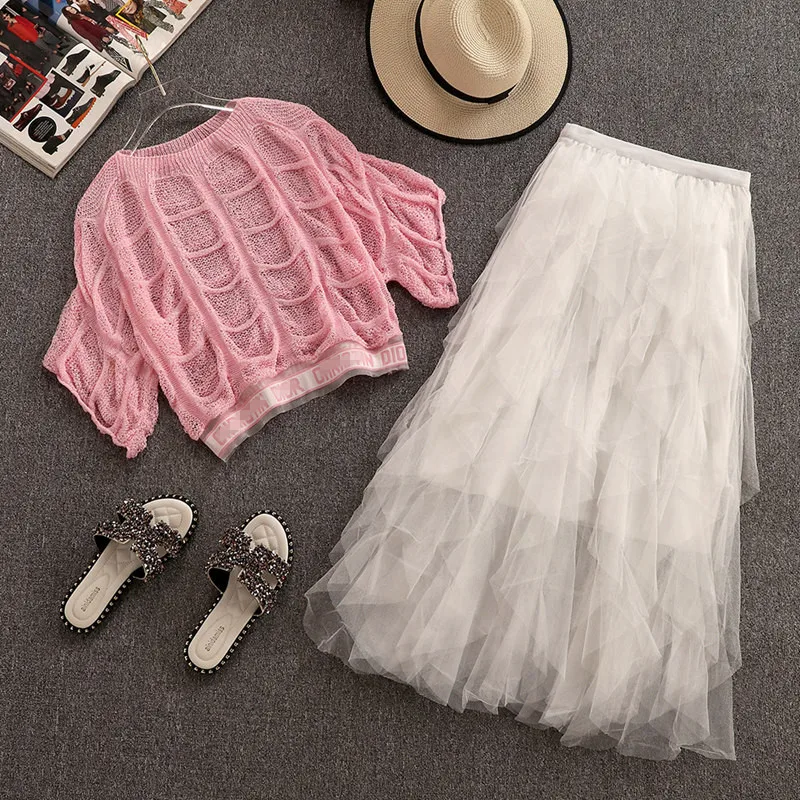 

2019 Autumn Women's Half Sleeves Hollow Out Knitted Tops + Mesh Skirts 2 pcs Sets Female Outfit A1750