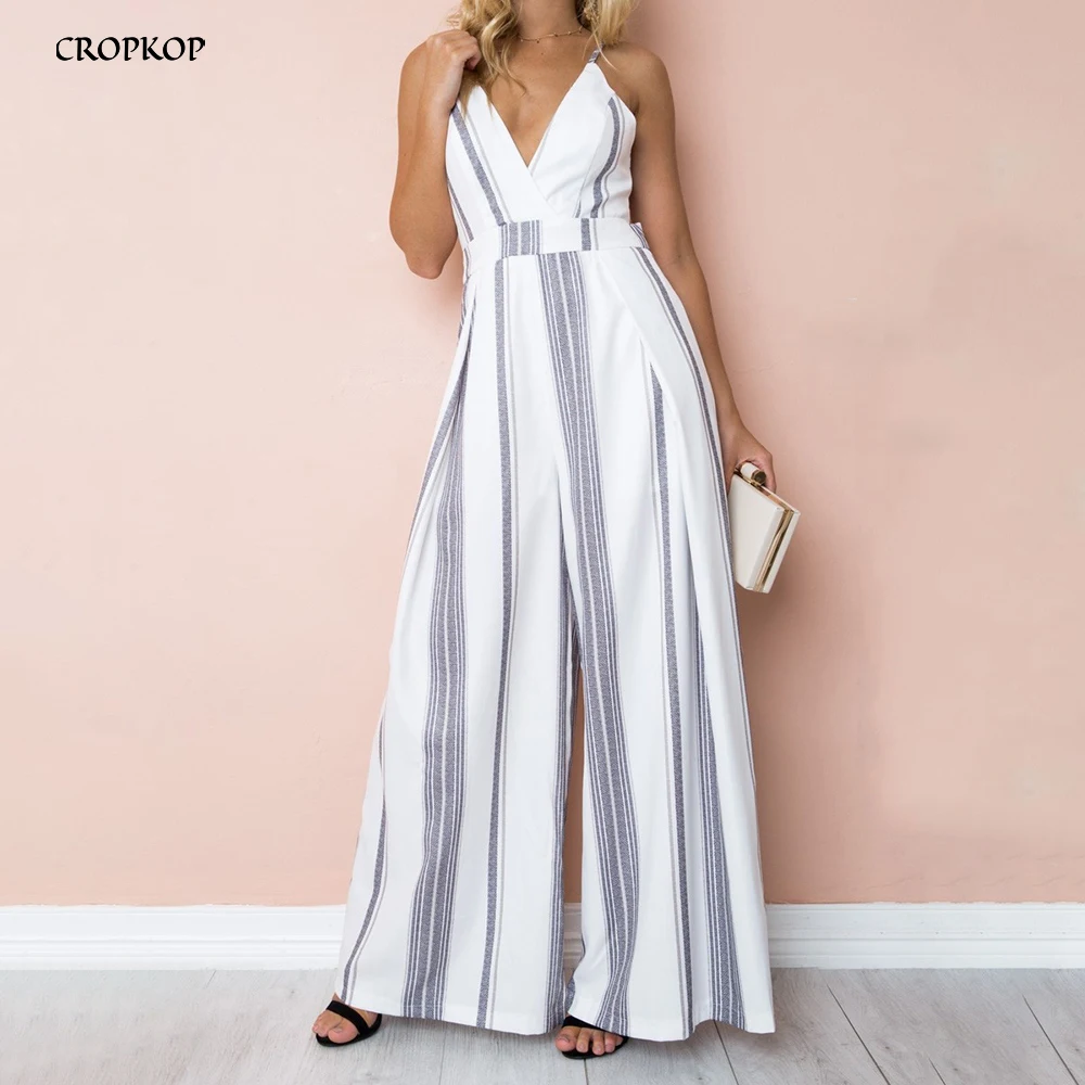 Летний комбинезон с широкими штанинами полосатым принтом для женщин сексуальный
