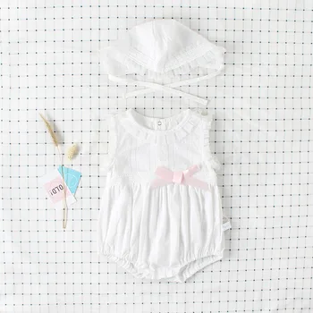 

Sweet Baby Girls White Color Cotton Rompers with Hats Lace Ruffles Summer Cute Toddler Infant Baby Clothes