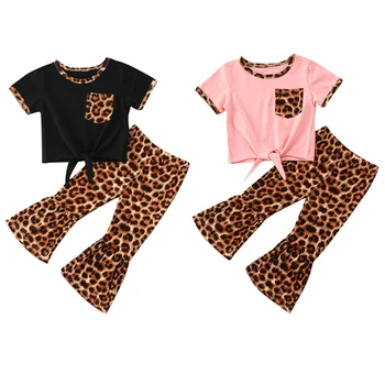 

New Girl Kid Child Clothing Set Short Sleeve Patchwork Top T shirt Leopard Flare Pants Clothes Summer Casual Sunsuit Outfit