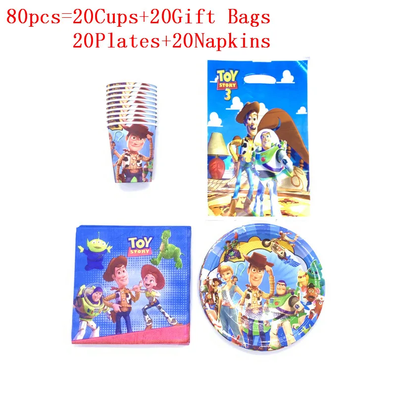 80 шт/50 шт одноразовые столовые приборы История игрушек 4 Woody Buzz Lightyear бумажные тарелки+ чашки+ салфетки+ подарочные пакеты принадлежности для дня рождения