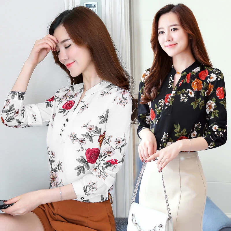 2019 Flower Print Blouse Women Long Sleeve Top Shirt Elegant Ladies Shirts Womens Tops And Blouses 8 S |