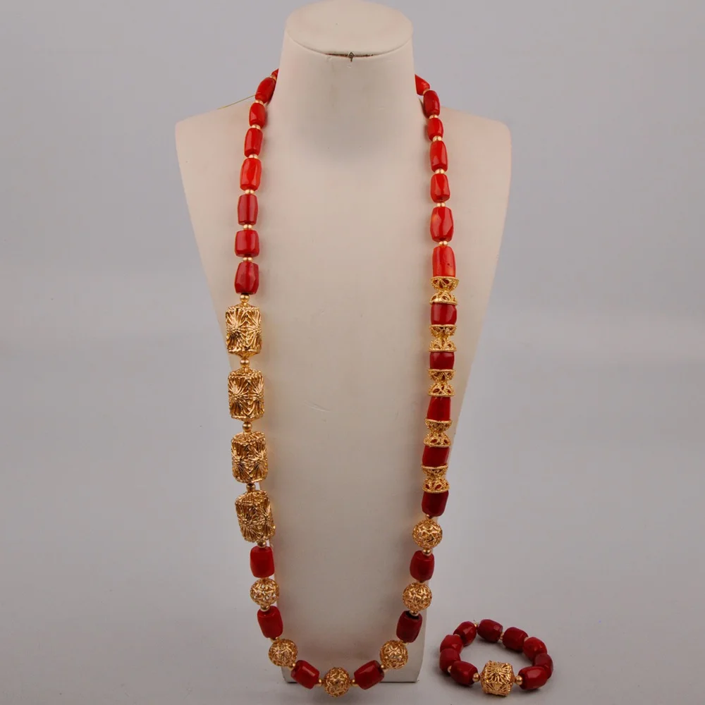 

Red Coral Jewelry Set for Men Nigerian Wedding African Beads Groom Coral Set Jewelry
