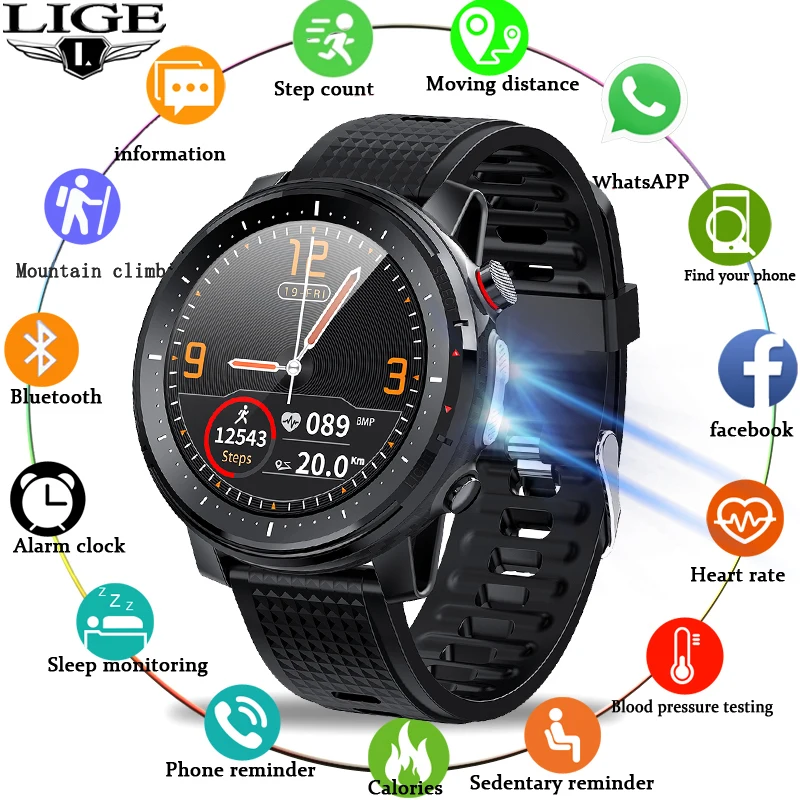 Hot Products! 2021 LIGE IP68 Waterproof Smart Watch Men ECG Heart Rate Blood Pressure Monitor LED Flashlight Sports Fitness Tracker smartwatch