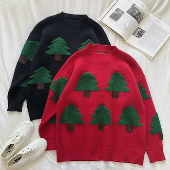 

Christmas Tree Embroidered Sweaters Women Winter Christmas Knitted Warm Sweaters Pullover New Year Pullover Snow and Dear Jumper