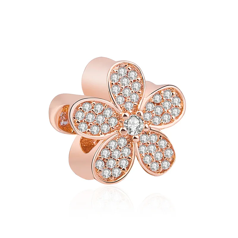 Genuine 925 Sterling Silver Charm Rose Gold Dazzling Daisy With Crystal Beads Fit Pandora Bracelet & Necklace Diy Jewelry