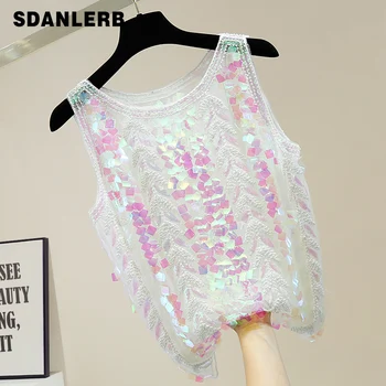 

Ladies Sequins Tank Top Heavy Industry Beaded Fashion Glitter Sequins Club Sexy Perspective Mesh Sleeveless Tank Tops Female Top