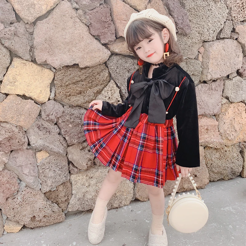 

Spring Autumn girls 2 pcs set baby blouse + skirt kids suit children brand clothes preppy style velvet red check bow 2 to 7 yrs