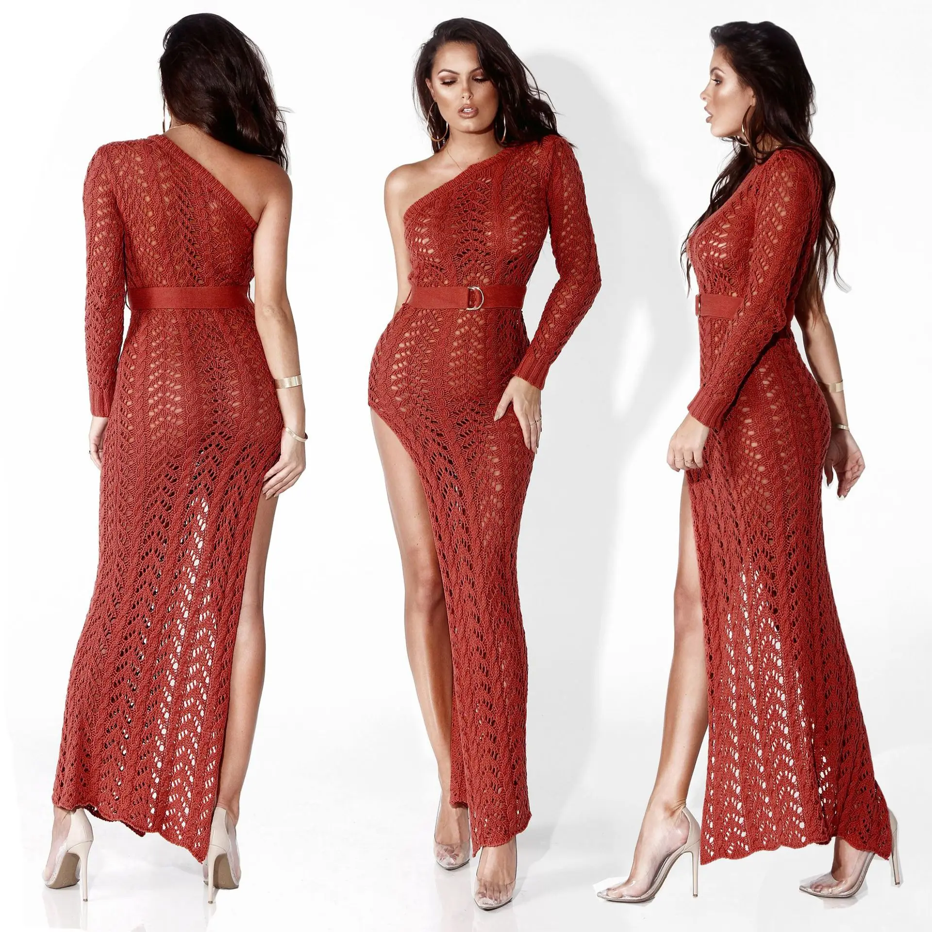 JRRY Sexy High Slit Knitted Dress One Shoulder Hollow Out Women Crochet Dresses  Long Crocheted Beach Dress Vestidos vintage clothing stores