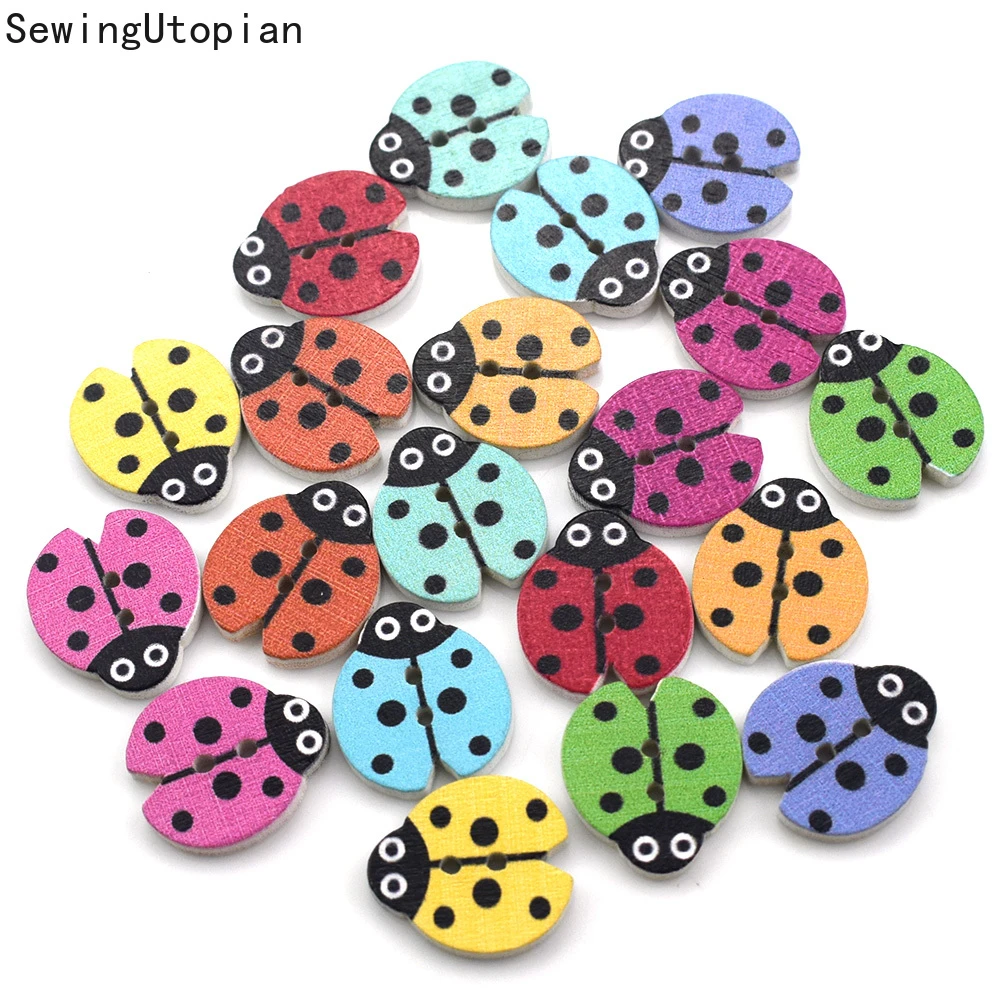 100PCS Wood Buttons Mixed Ladybug Sewing Buttons Decorative Button