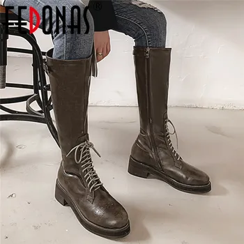

FEDONAS 2020 Retro Punk Women Knee High Boots Autumn Winter Warm Moyorcycle Boots Party Shoes High Heels Cross-Tied Shoes Woman