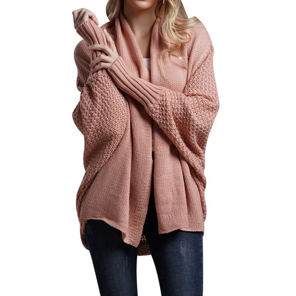 Women Autumn Cardigan Sweater Batwing Sleeve Knitwear Jacket Solid Color Plus Size Cardigan Female Femme Jumper Coat New - Цвет: pink