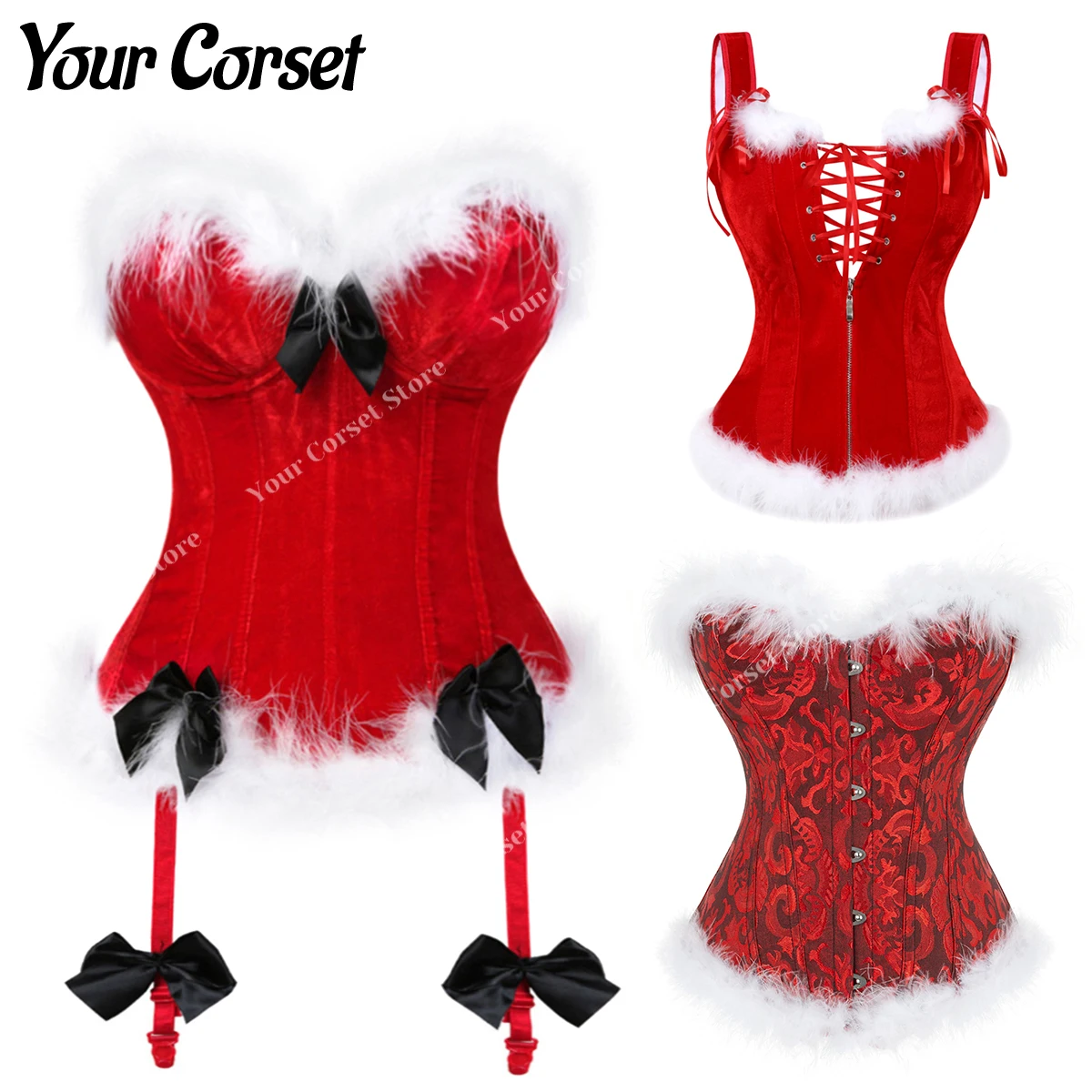ChristmasCorsetwithFeatherFestivalSantaCostumeChristmasRedCorsetTopBustierPlusSize