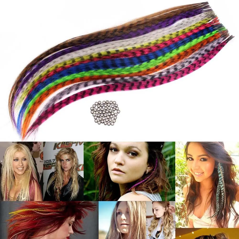 

50pcs Grizzly Synthetic Feather Hair Extensions 16Inch Straight Multicolour Synthetic Feather for Party Clothing Accessories DIY