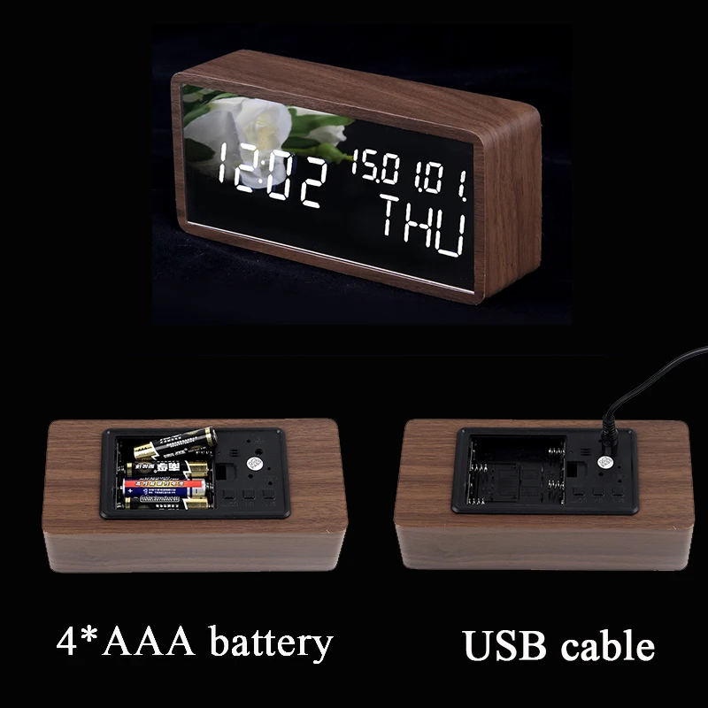 Светодиодный настольный часы с календарем, цифровой Деревянный Зеркальный будильник, большой таймер, голосовое управление, повтор, Despertador, настольные часы, USB/AAA