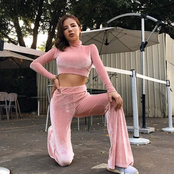 

2 Pieces Velvet Tracksuit Sets Sexy Turtleneck Crop Top + Flare Bell Bottom Jogger Pants Outfits Womens Vintage Fall Pink Pajama