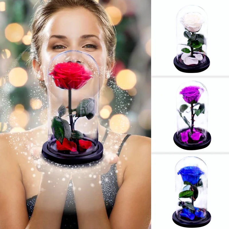 

2020 Artificial Rose Flower Beauty and The Beast Eternal Rose with Glass Dome Wedding Decoration Anniversary Gifts for girls