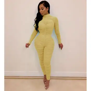

Women Fashion Sexy Slim Jumpsuits Mesh Transparent Bodycon Rompers Elegant Long Sleeve Overalls
