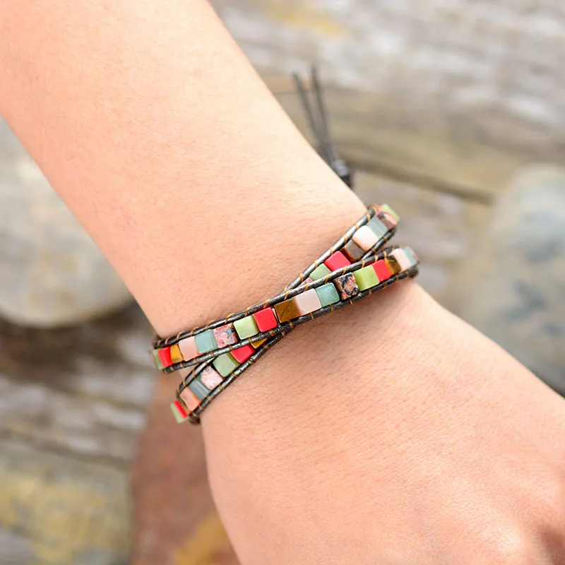 Leather Bracelets Mix Square Natural Stones 2 Strands Leather Wrap Bracelets Vintage Weaving Boho Bracelet Dropshipping