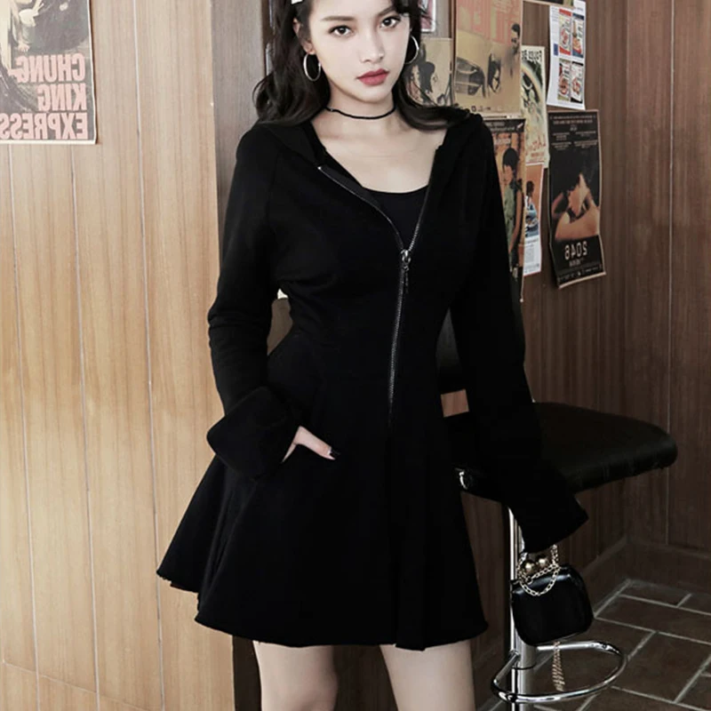 Готическое женское платье на молнии с капюшоном и кошачьими ушками новинка 2019