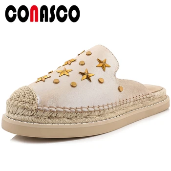 

CONASCO Fashion Casual High Quality Summer Genuine Leather Women Sandals Mules Slippers Stars Appliques Flat With Shoes Woman