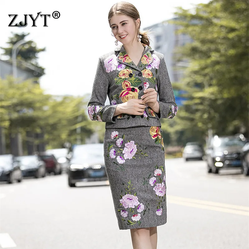 

Top Quality Designers Runway Winter Skirt 2Piece Set Women Office Lady Outfits Flower Embroidery Jacket Coat+Pencil Skirt Sets