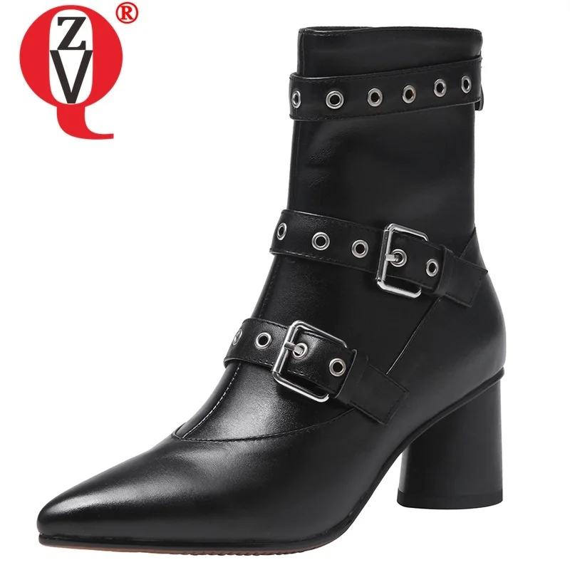 

ZVQ winter new fashion sexy ankle boots outside high heels pointed toe zip buckle genuine leather work women shoes drop shipping
