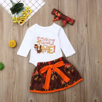 

Baby Girls My 1st Thanksgiving Outfit clothes long sleeve white Romper Tops Turkey Tutu skirt 3PCS dress Clothes Set