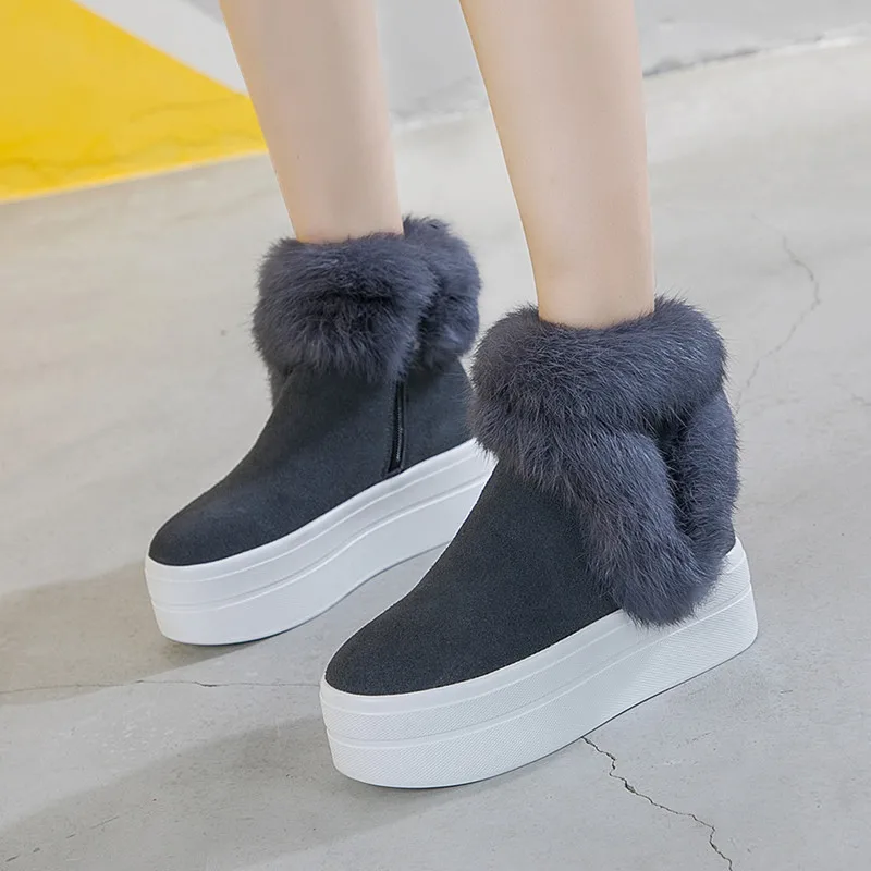 

Genuine Leather Boots Women Winter Warm Rabbit Fur Sneakers Platform Snow Boots Women 2019 Ankle Boots Female Causal Shoe